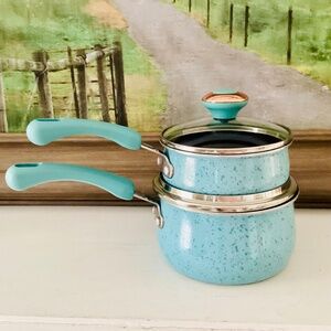 2 Paula Deen Non-Stick 2 & 1 Qt Porcelain Speckled Saucepans Pots Frying Pans